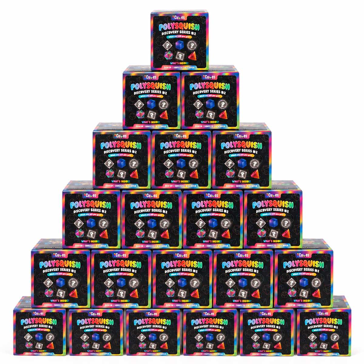 Pyramid stack of PolySquish Discovery Series #2 mystery boxes