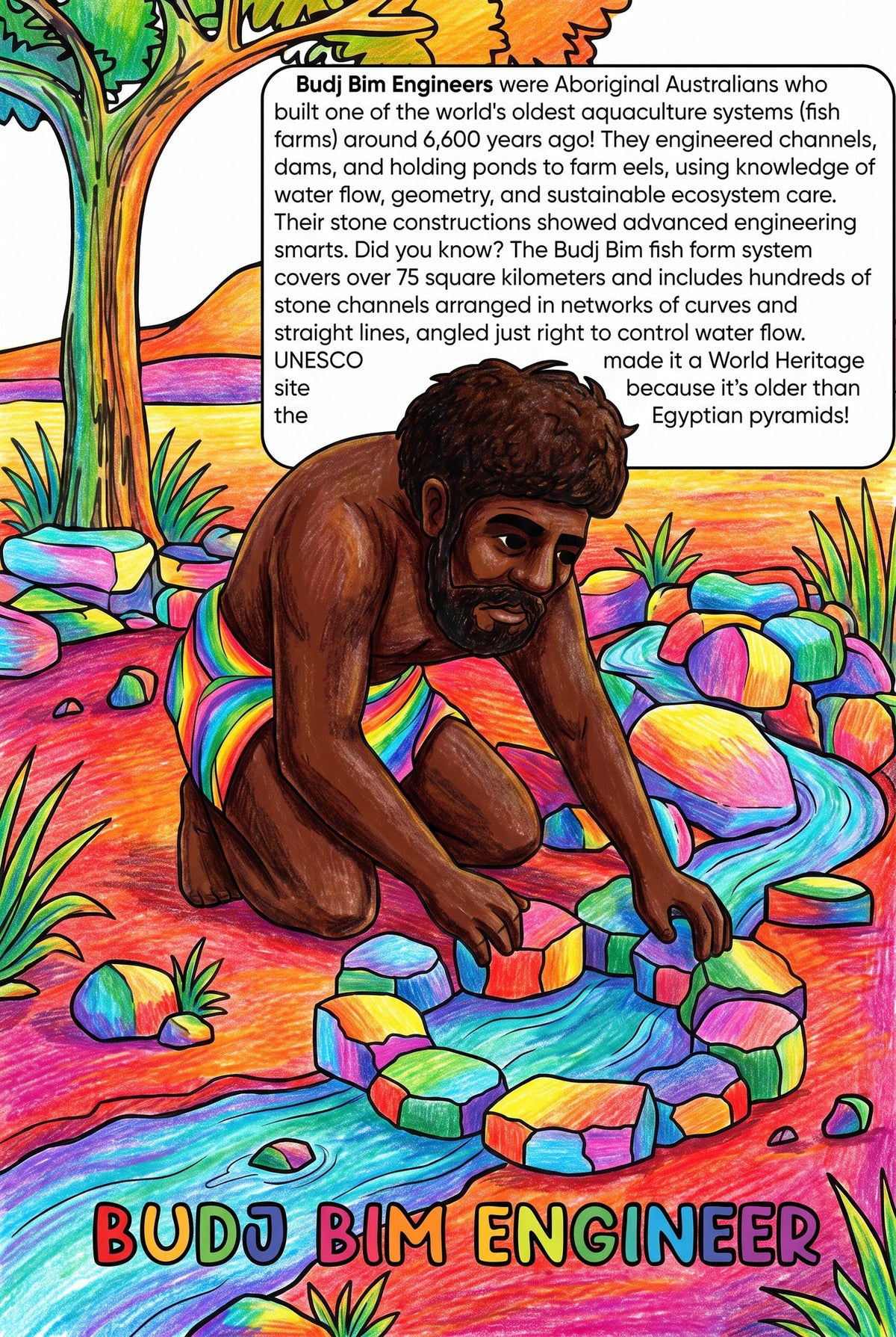 Budj Bim Engineers colouring page from the Brilliant Minds Ancient African and Aboriginal Australian Knowledge Keepers book, shown coloured in