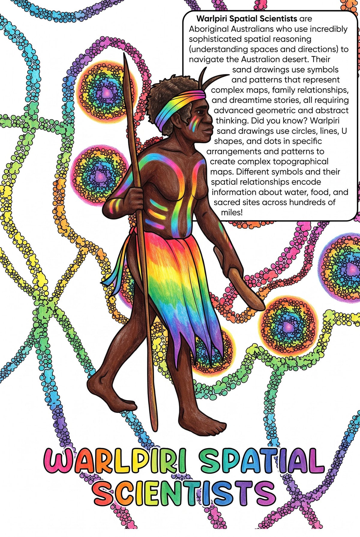 Warlpiri Spatial Scientists colouring page from the Brilliant Minds Ancient African and Aboriginal Australian Knowledge Keepers book, shown coloured in
