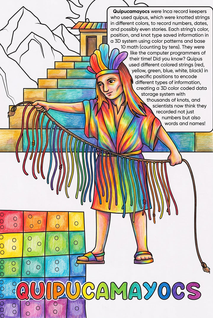 Quipucamayocs colouring page from the Brilliant Minds Ancient Americas Engineers book, shown coloured in