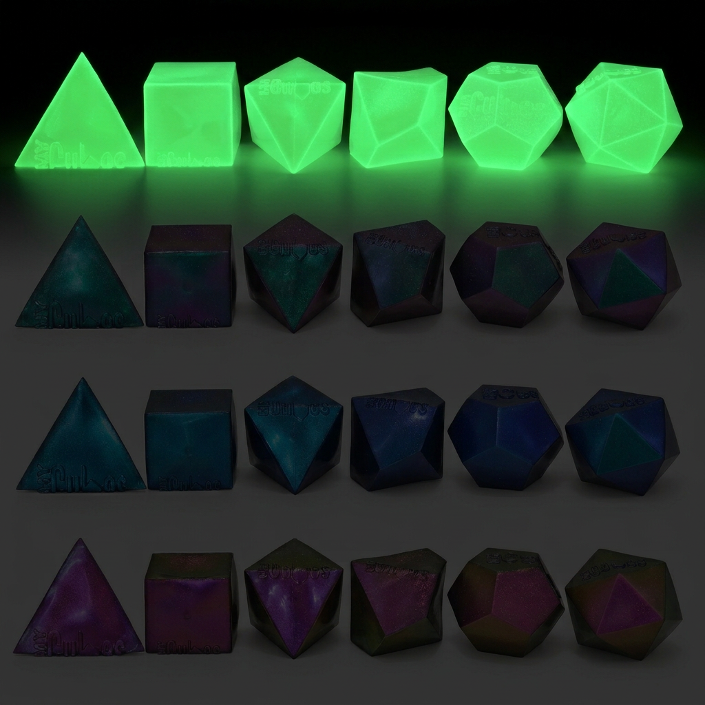 CMY Cubes Platonic solid sets glowing green in the dark alongside their daytime colourways