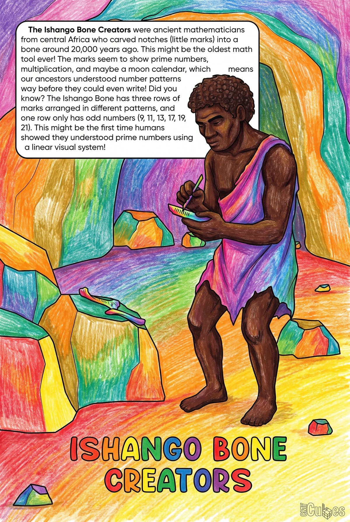 Ishango Bone Creators colouring page from the Brilliant Minds Ancient African Knowledge Keepers book, shown coloured in