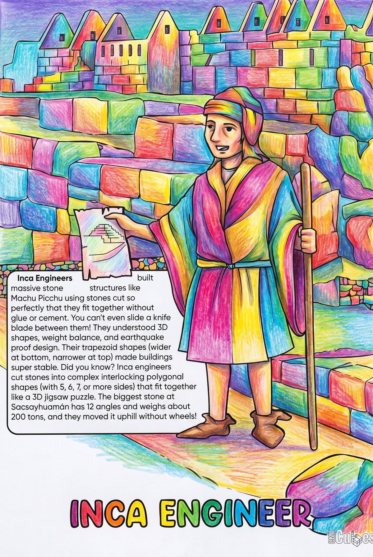 Inca Engineers colouring page from the Brilliant Minds Ancient Americas Engineers book, shown coloured in