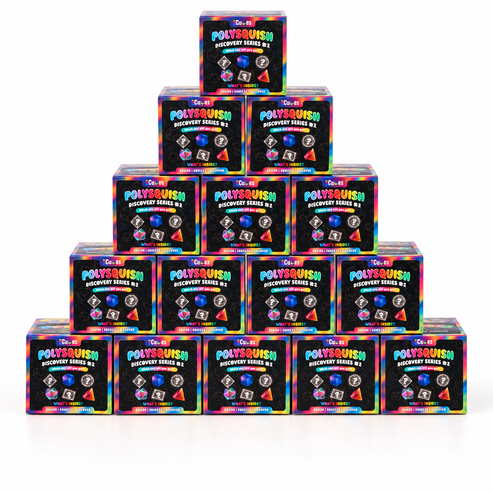 A pyramid of 15 PolySquish Discovery Series #2 mystery boxes
